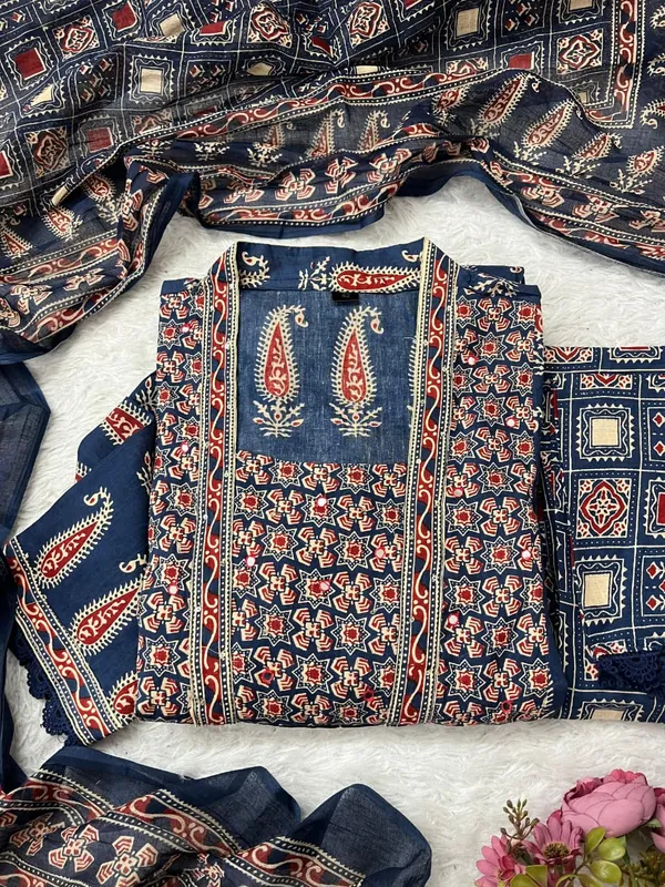 Premium_Bagru_Print_Mirror_Work_Jaipuri_Cotton_Kurta_Set