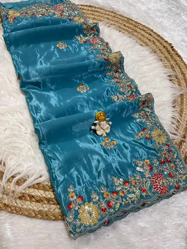 Teal_Satin_Embroidered_Saree_For_Women