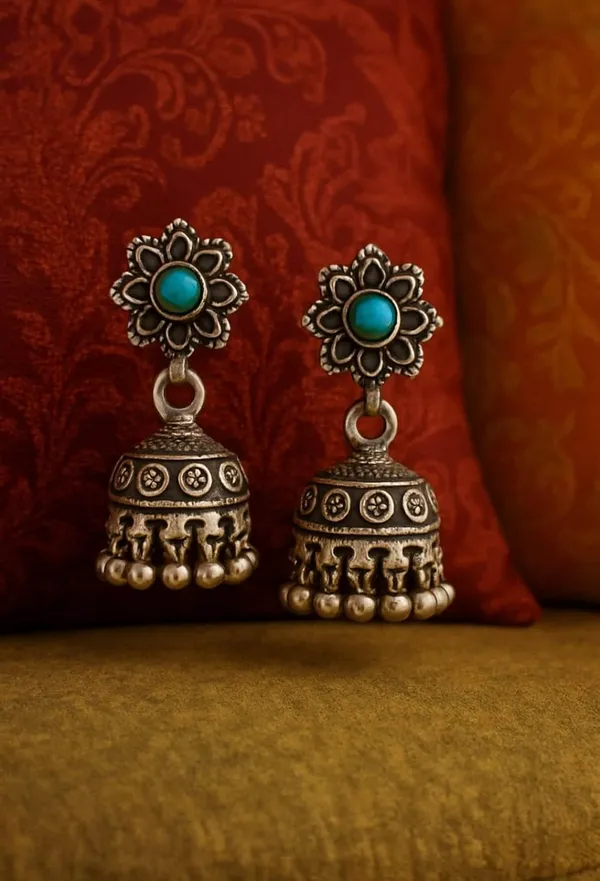 Silver_Oxidized_Turquoise_Stone_Floral_Jhumki_Earrings_For_Women