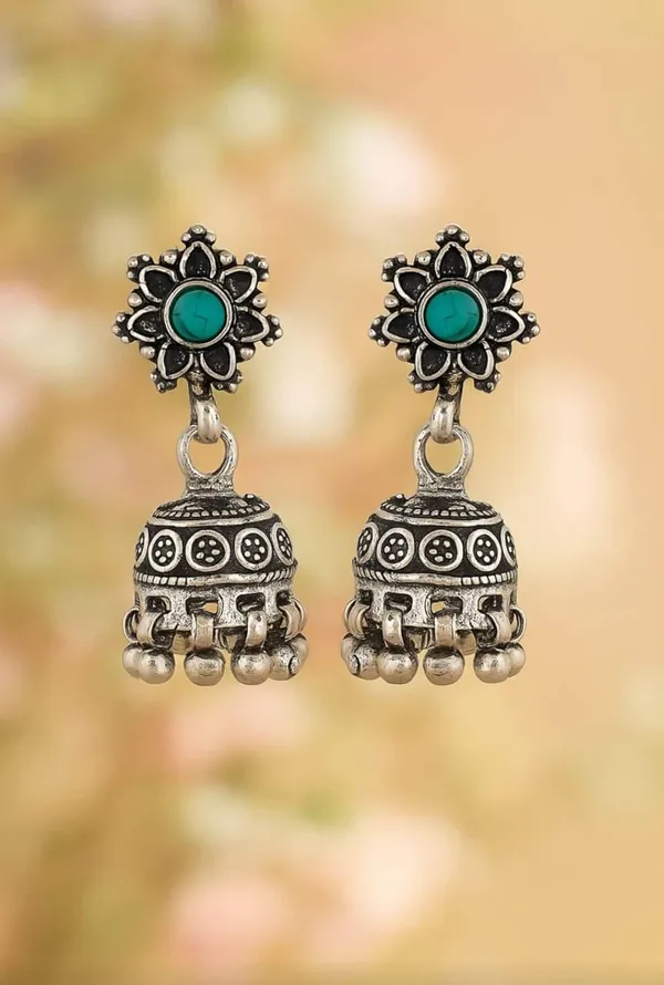 Silver_Oxidized_Turquoise_Stone_Floral_Jhumki_Earrings_For_Women