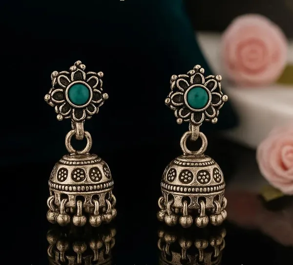 Silver_Oxidized_Turquoise_Stone_Floral_Jhumki_Earrings_For_Women