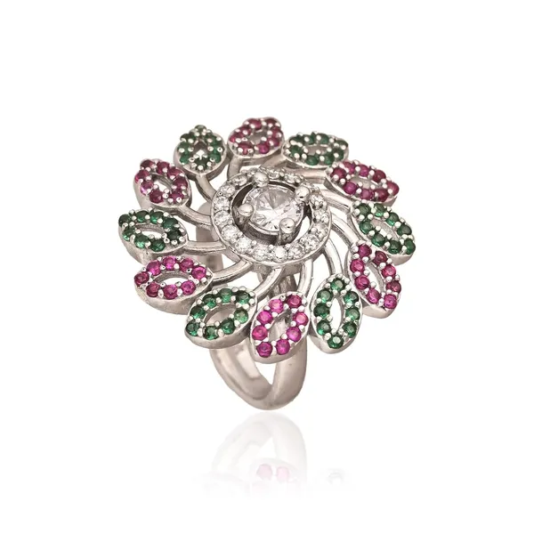 Silver_Floral_Pink_Green_Gemstone_Diamond_Accent_Ring_For_Women