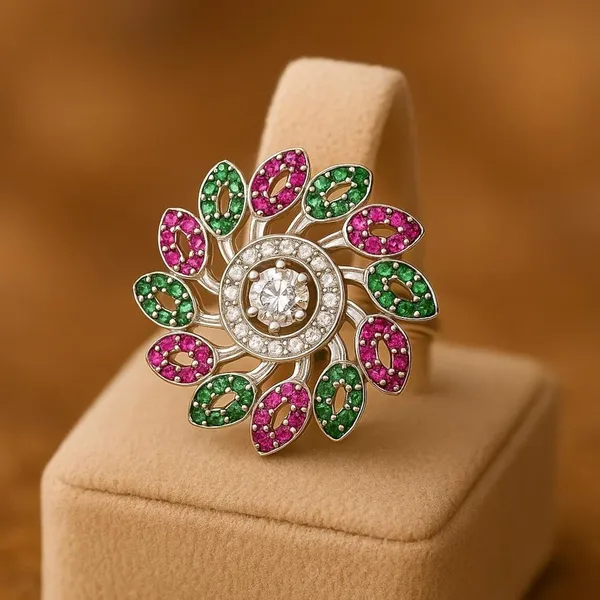 Silver_Floral_Pink_Green_Gemstone_Diamond_Accent_Ring_For_Women