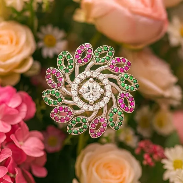 Silver_Floral_Pink_Green_Gemstone_Diamond_Accent_Ring_For_Women