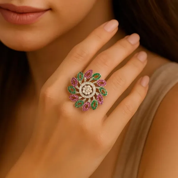 Silver_Floral_Pink_Green_Gemstone_Diamond_Accent_Ring_For_Women