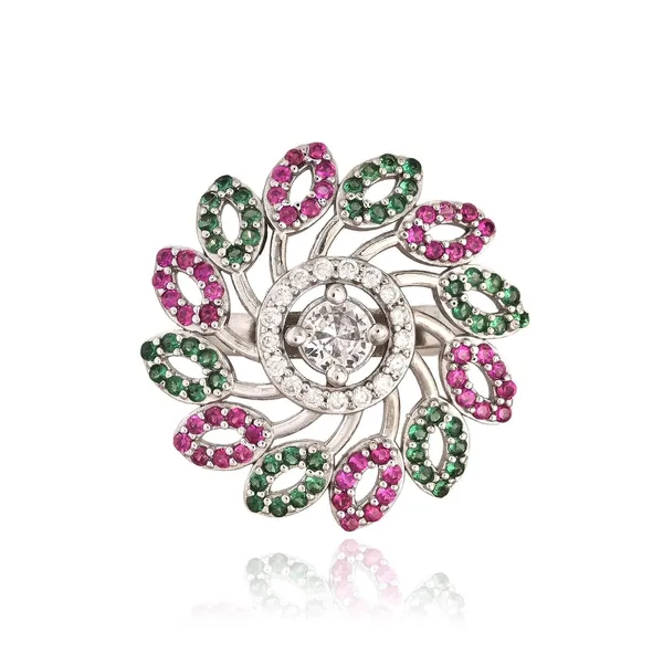 Silver_Floral_Pink_Green_Gemstone_Diamond_Accent_Ring_For_Women