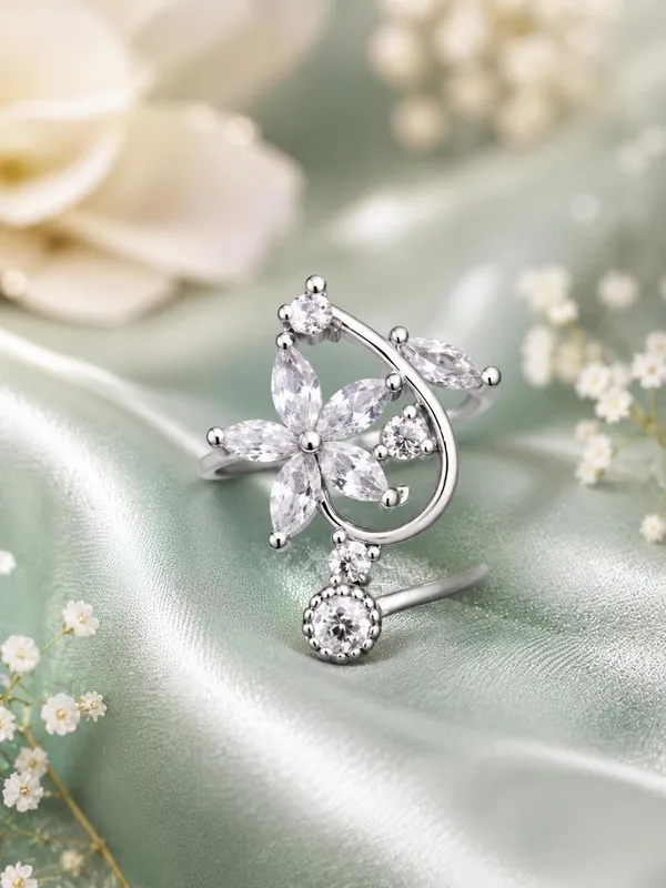 Silver_Sterling_Floral_Cz_Adjustable_Open_Band_Ring_For_Women