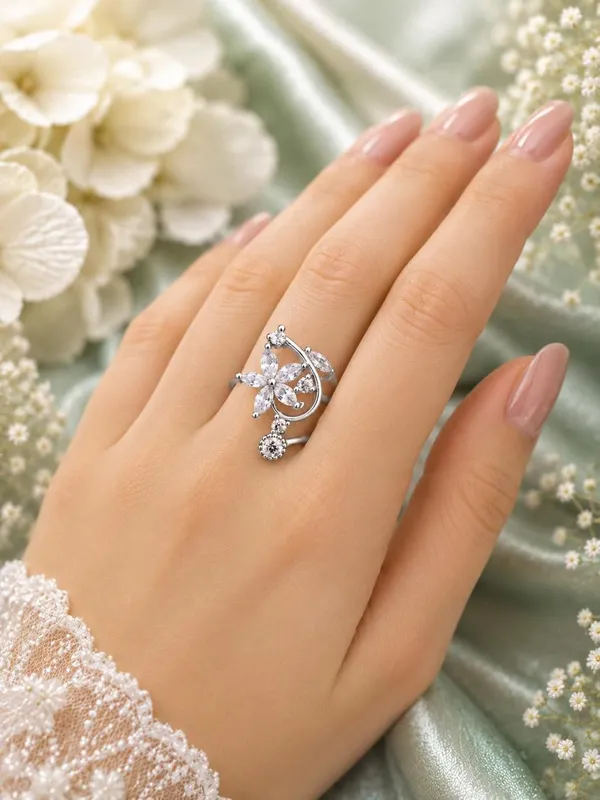Silver_Sterling_Floral_Cz_Adjustable_Open_Band_Ring_For_Women
