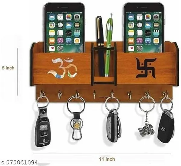 Craftmedia_Wooden_Key_Holder_For_Wall_With_Om_Swastik_Design_7_Hook_Key_Hanger_With_Mobile_Holder_Mdf_Wall_Organizer_Budget_Gift_Under_100_Vastu_Decor_Indian_Home_Decor_Mobile_Charging_Stand