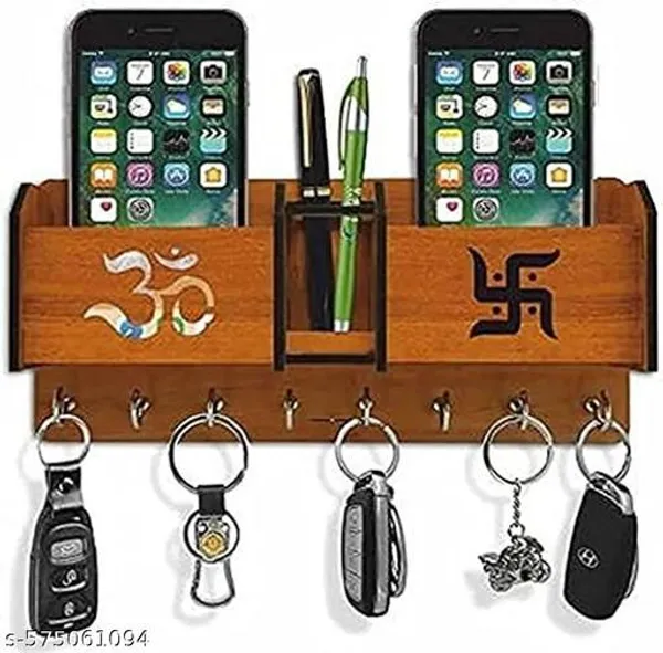 Craftmedia_Wooden_Key_Holder_For_Wall_With_Om_Swastik_Design_7_Hook_Key_Hanger_With_Mobile_Holder_Mdf_Wall_Organizer_Budget_Gift_Under_100_Vastu_Decor_Indian_Home_Decor_Mobile_Charging_Stand