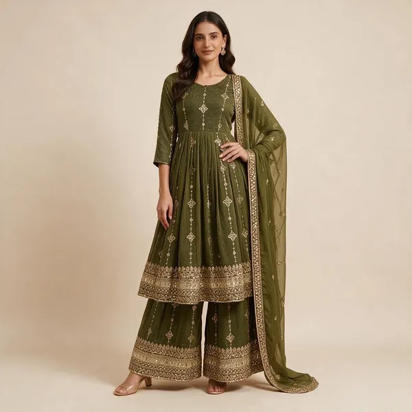 Olive_Green_Crunchy_Silk_Anarkali_Kurta_Set_For_Women