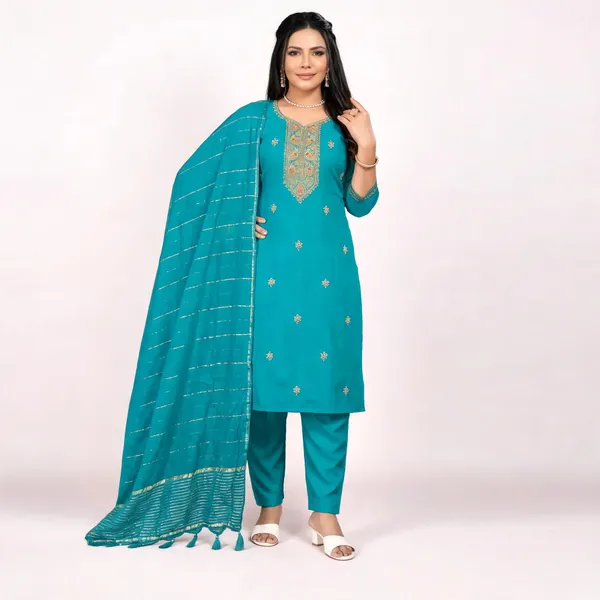 Teal_Roman_Silk_Embroidered_Kurta_Set_For_Women