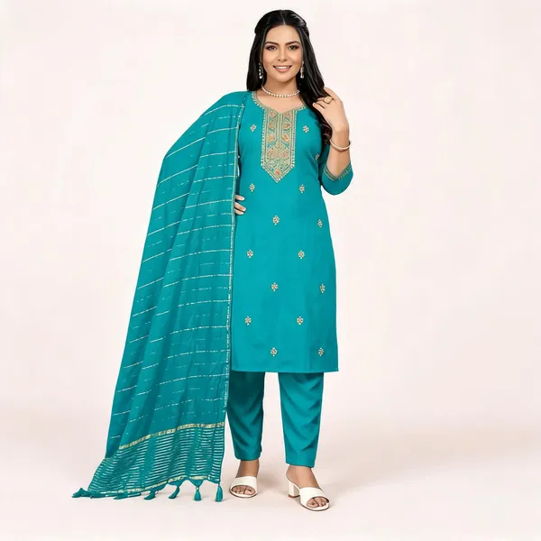 Teal_Roman_Silk_Embroidered_Kurta_Set_For_Women