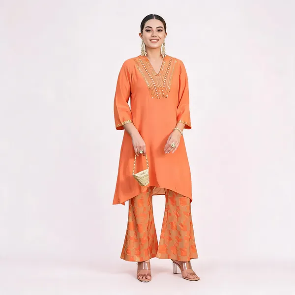 Orange_Pure_Silk_Embellished_Kurta_Set_For_Women