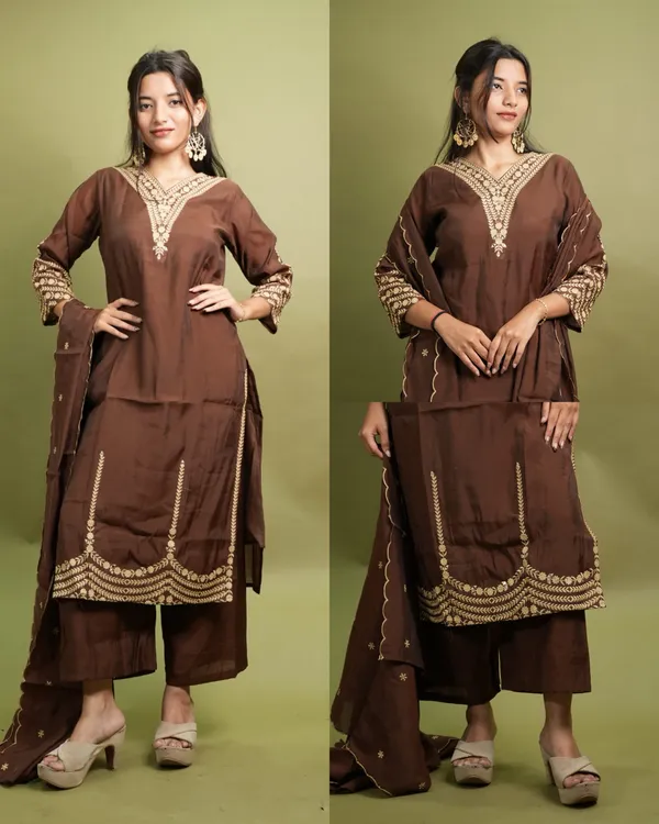 Brown_Silk_Embroidered_Kurta_Set_For_Women