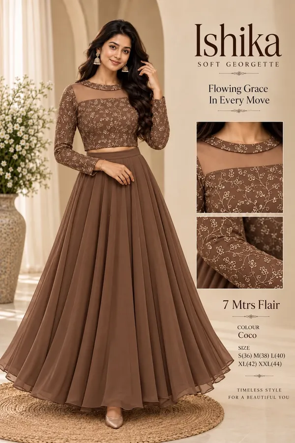 Brown_Georgette_Embroidered_Lehenga_Set_For_Women