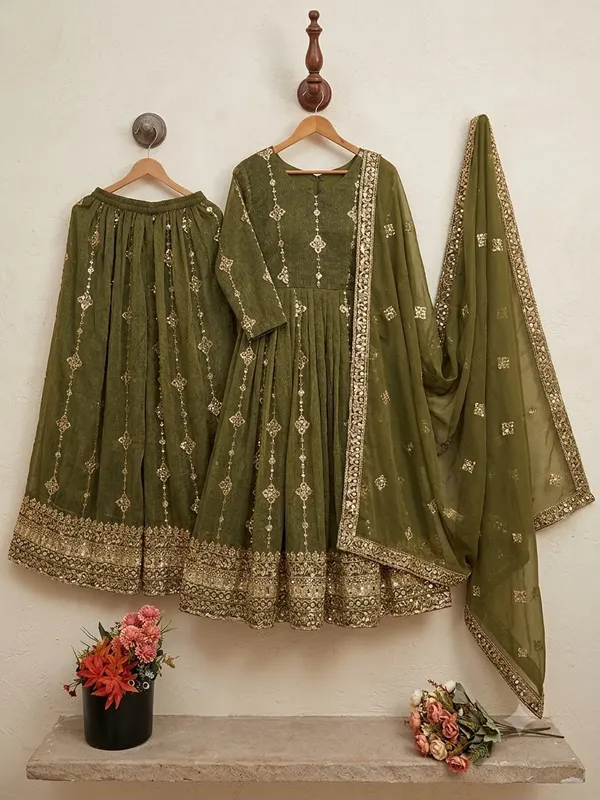 Olive_Green_Crunchy_Silk_Anarkali_Kurta_Set_For_Women