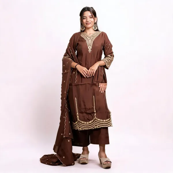 Brown_Silk_Embroidered_Kurta_Set_For_Women