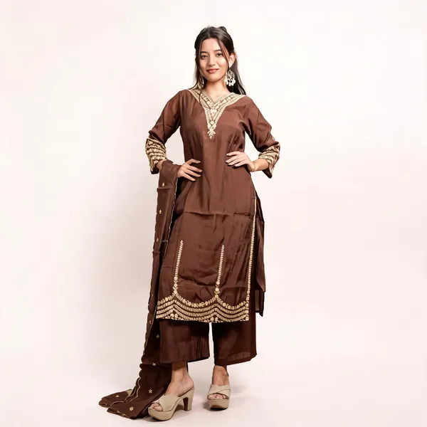 Brown_Silk_Embroidered_Kurta_Set_For_Women