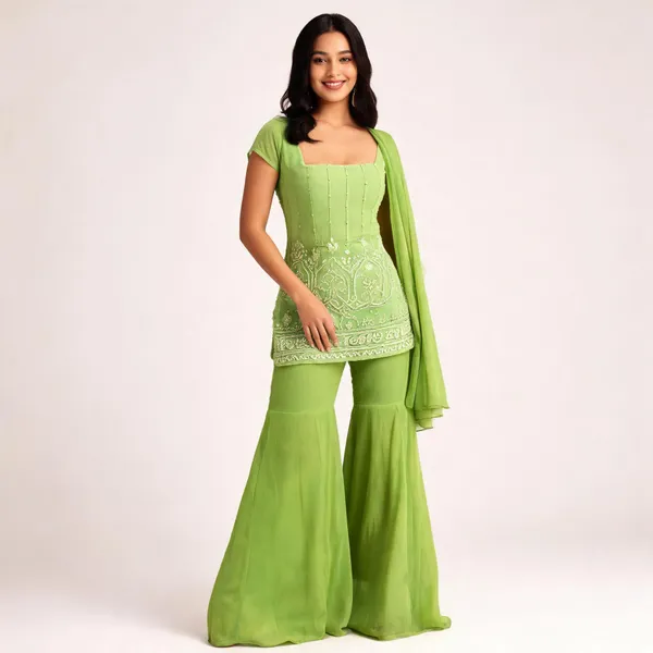 Green_Faux_Georgette_Embroidered_Kurta_Sharara_Set_For_Women