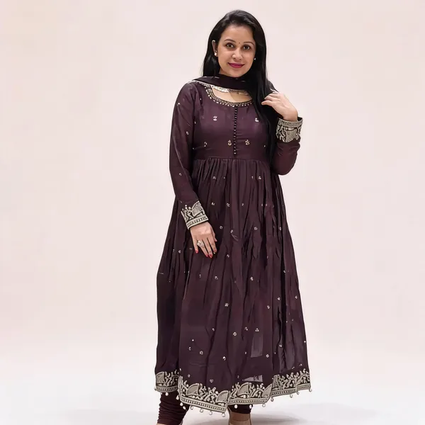 Brown_Chinnon_Silk_Embroidered_Anarkali_Dress_For_Women