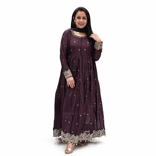 Brown_Chinnon_Silk_Embroidered_Anarkali_Dress_For_Women