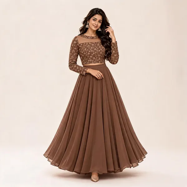 Brown_Georgette_Embroidered_Lehenga_Set_For_Women