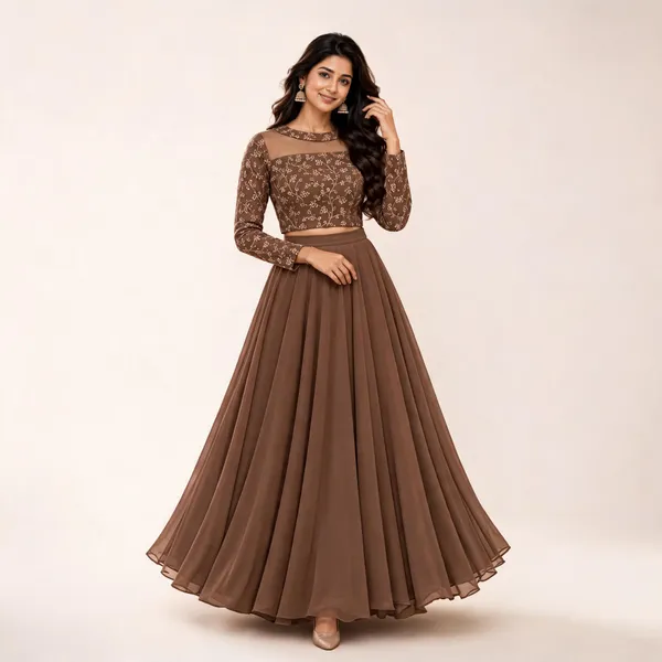 Brown_Georgette_Embroidered_Lehenga_Set_For_Women