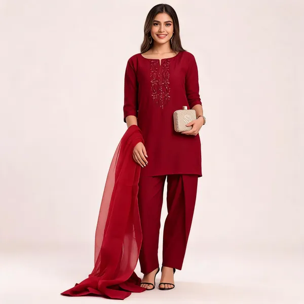 Red_Crepe_Embroidered_Kurta_Set_With_Organza_Dupatta_For_Women