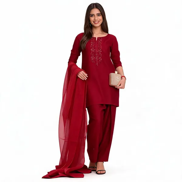 Red_Crepe_Embroidered_Kurta_Set_With_Organza_Dupatta_For_Women