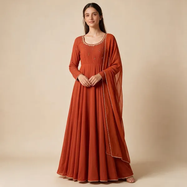 Orange_Silk_Flared_Anarkali_Suit_Set_For_Women