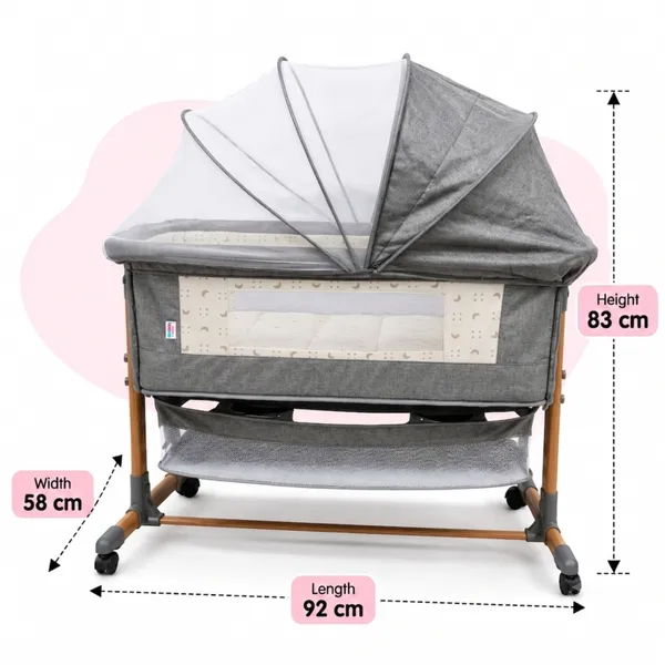 NikkiPuchu_Lullaby_Cloud_BassinetGrey_Baby_Bassinet_With_Mosquito_Net_And_Wheels_NPRB-1007-Grey
