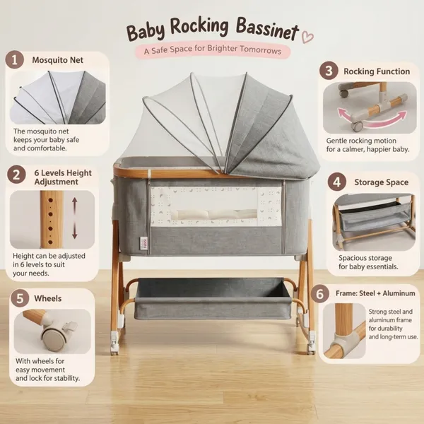 NikkiPuchu_Lullaby_Cloud_BassinetGrey_Baby_Bassinet_With_Mosquito_Net_And_Wheels_NPRB-1007-Grey