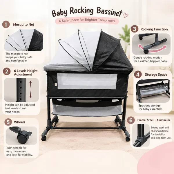 NikkiPuchu_Lullaby_Cloud_BassinetBlack_Baby_Bassinet_With_Canopy_And_Storage_Shelf_NPRB-1007-Black