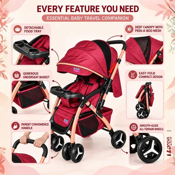 NikkiPuchu_Cocooni_StrollerRed_Baby_Stroller_With_Canopy_And_Cup_Holder_Tray_NPST-1002-red