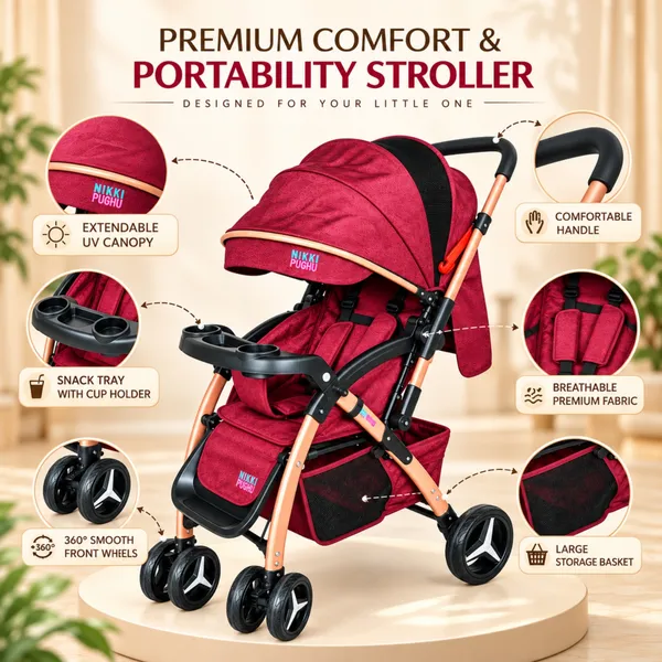 NikkiPuchu_Cocooni_StrollerRed_Baby_Stroller_With_Canopy_And_Cup_Holder_Tray_NPST-1002-red