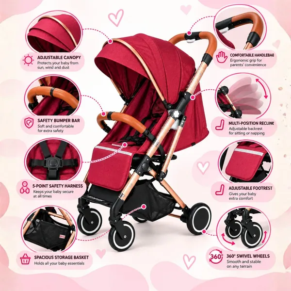 NikkiPuchu_aether_stroller_Wine_Red_Rose_Gold_Baby_Stroller_NPST-1004-wine_red