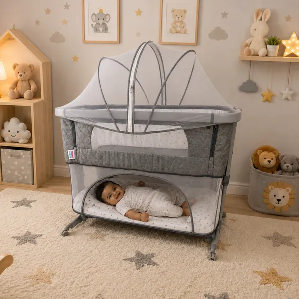 NikkiPuchu_Snuggle_Love_BassinetGrey_Mesh_Canopy_Baby_Bassinet_Cradle_NPRB-1006-Grey