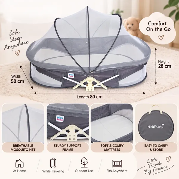 NikkiPuchu_DreamNook_Portable_Bed_Grey_Mesh_Portable_Baby_Bassinet_With_Canopy_NPPB-1008-grey