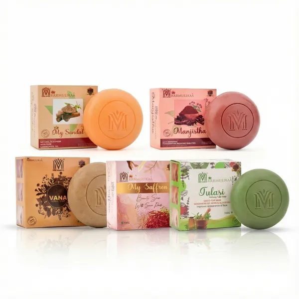 Ayurvedic_Herbal_Super_Saver_Pack_–_Sandal,_Tulasi,_Manjistha,_Vana_&_Saffron_(5_x_100g)_|_Skin_Brightening_&_Antibacterial_Bathing_Bars_|_100%_Natural