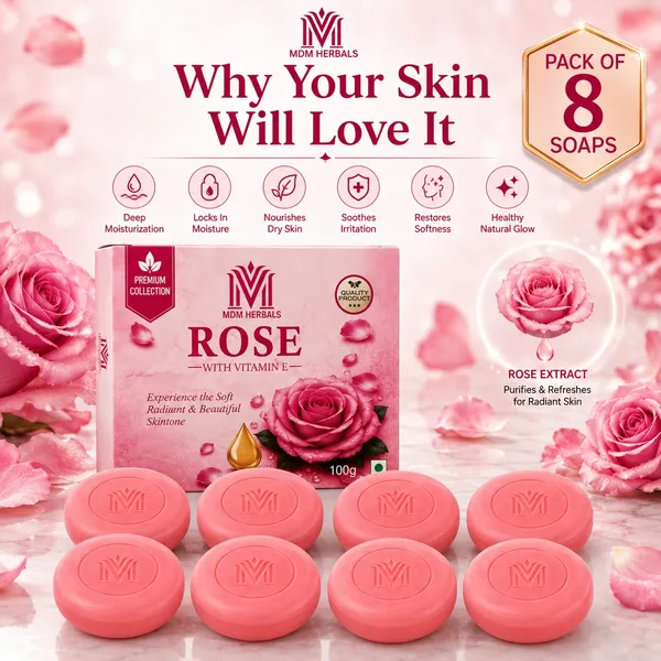 MDM_Herbal_Rose_&_Vitamin_E_Soap_–_100g_x_8_(Super_Saver_Pack_–_800g)_|_Purifies,_Exfoliates_&_Brightens_Skin_|_Natural_Rose_Fragrance