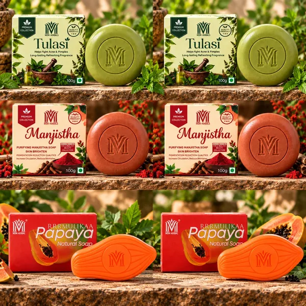 MDM_Herbal_Tulasi,_Manjistha,_Papaya_Herbal_Soap_–_Natural_Bathing_Care_🌿|_Each_Soap_6_100g
