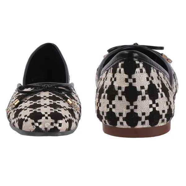Black_White_Synthetic_Patterned_Bow_Flat_Shoes_For_Women