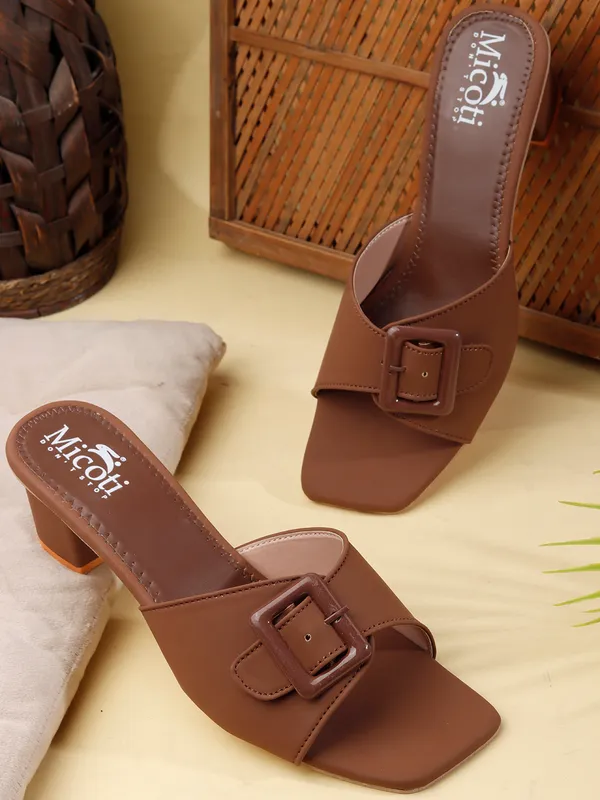Brown_Synthetic_Buckle_Strap_Heeled_Mules_For_Women