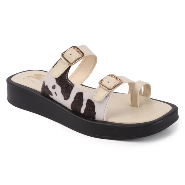 Black_White_Synthetic_Cow_Print_Buckle_Sandals_For_Women