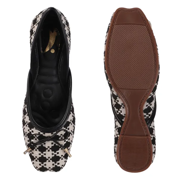 Black_White_Synthetic_Patterned_Bow_Flat_Shoes_For_Women