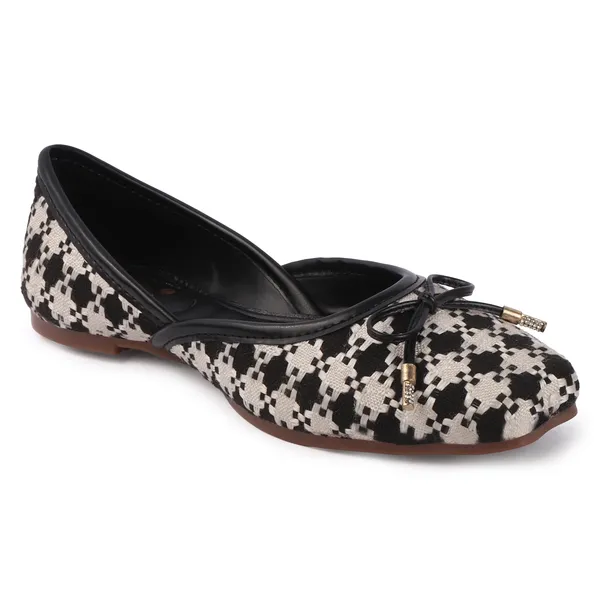 Black_White_Synthetic_Patterned_Bow_Flat_Shoes_For_Women