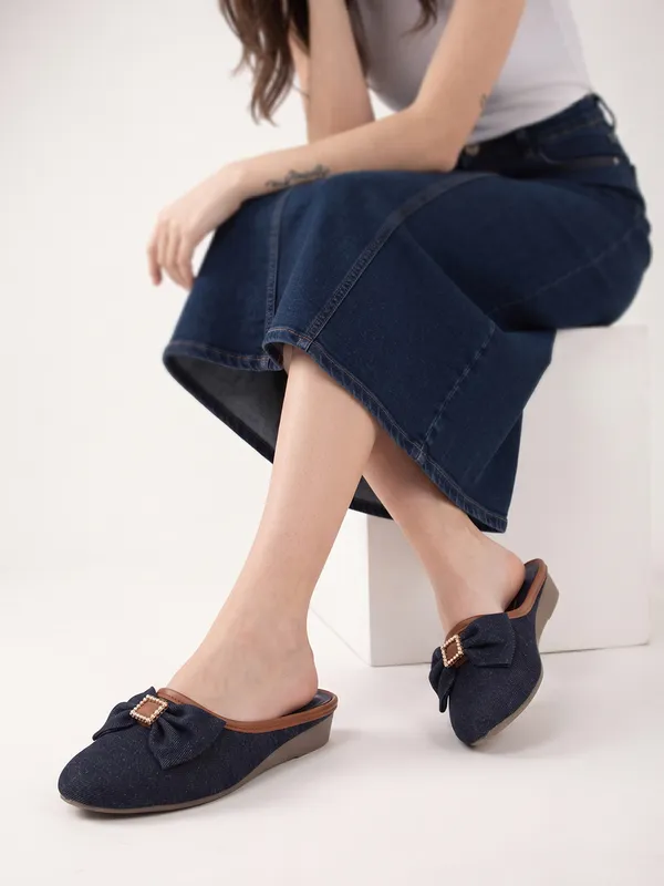 Navy_Denim_Bow_Detail_Wedge_Mules_For_Women