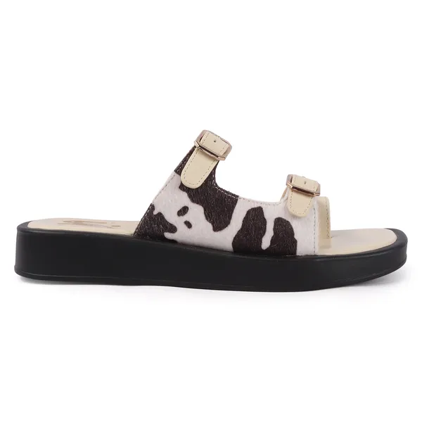 Black_White_Synthetic_Cow_Print_Buckle_Sandals_For_Women