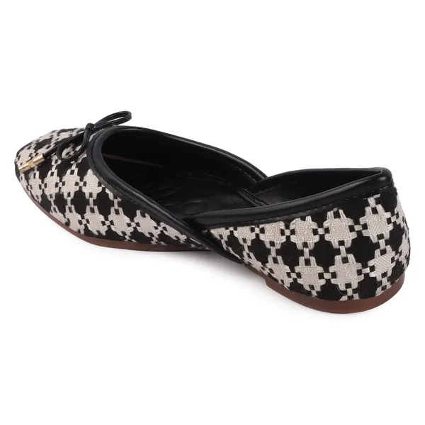 Black_White_Synthetic_Patterned_Bow_Flat_Shoes_For_Women